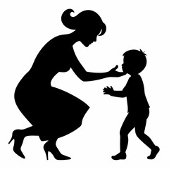 A mother play with her kids vector silhouette, white background
