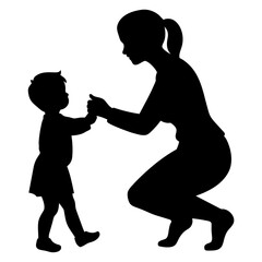 A mother play with her kids vector silhouette, white background