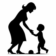 A mother play with her kids vector silhouette, white background