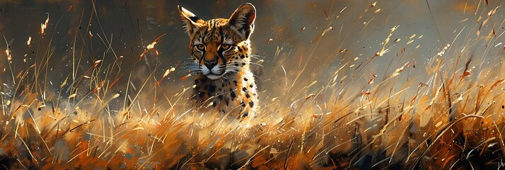 Obraz premium the heart of the African savannah a regal serval named Nala stalks gracefully through the tall grass her keen eyes fixed on the movements of her prey as she prepares to pounce