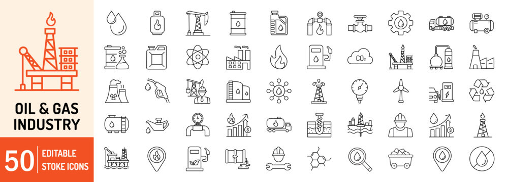 Oil and Gas editable stroke outline web icons set. Oil, gas, refinery, offshore platform, petroleum, lubricant, oil barrel and gas pump. Vector illustration