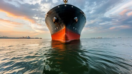 A large ship is in the water with a beautiful sunset in the background. The ship is the main focus of the image, and it is a cargo ship. The water is calm, and the sky is filled with clouds