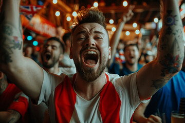 Portrait of an exuberant soccer fan with arms raised in celebration, cheering for his team's goal at a bar surrounded by fellow fans.