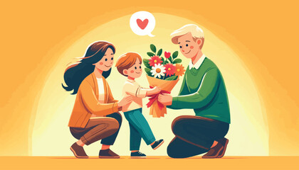 Parents day, family, mother and son accept a gift from father in the form of a bouquet of colorful flowers