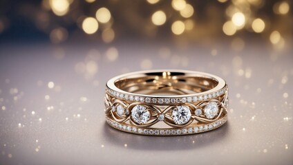 Two gold rings with diamonds on a reflective surface against an out of focus background of gold and white lights.

