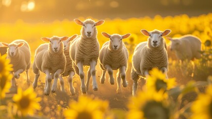 Flock of sheep running through a sunflower field