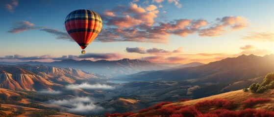 Hot air balloon in the blue sky over the mountains.