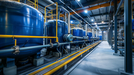 A large industrial building with many tanks and pipes. The tanks are blue and yellow