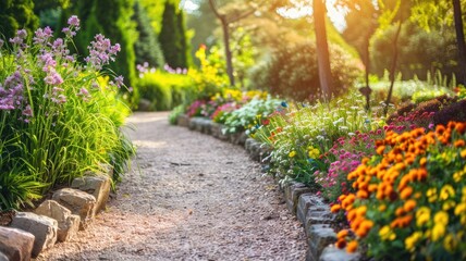 Obraz premium Flower-lined garden path in sunlight with lush greenery