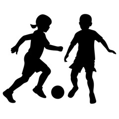 siblings are playing with a soccer ball vector silhouette, white background