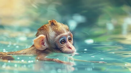 Young monkey partially submerged in water, looking pensive - Powered by Adobe