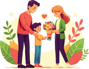 Parents' Day, the family presents a sizable bouquet of flowers to the wife, and their son stands beside him.