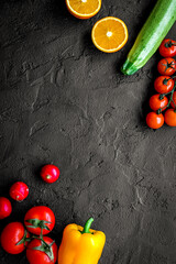 summer food with fresh fruits and vegetables top view space for text