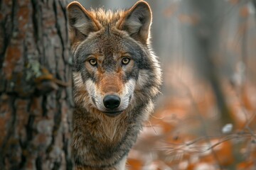 A wolf is standing in the woods behind a tree, high quality, high resolution