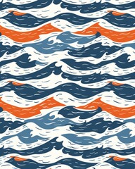 Blue and orange waves create a striking pattern against a white background.