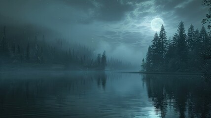 Fototapeta premium Moonlit night over tranquil forest lake with fog