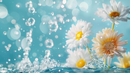 Fresh white and yellow flowers with sparkling droplets on blue background