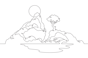 Dawn in the mountains. Lake, rocks, sea. Sunset against the backdrop of a mountain landscape. Sun silhouette. Lonely tree on a rock. One continuous line. Line art.Minimalism one line. White background