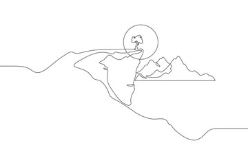 Dawn in the mountains. Lake, rocks, sea. Sunset against the backdrop of a mountain landscape. Sun silhouette. Lonely tree on a rock. One continuous line. Line art.Minimalism one line. White background
