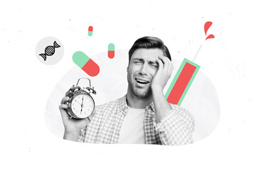 Creative picture collage clock alarm bell illness headache time antibiotics dna sickness treatment prescription pill drawing background