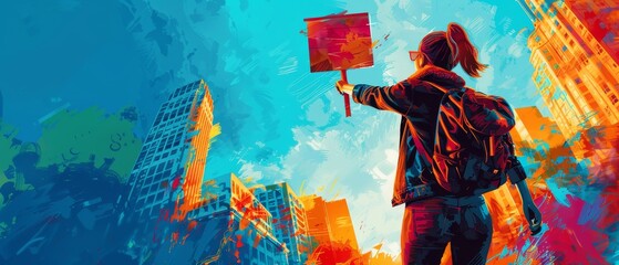 Colorful urban street art featuring a lone protester holding a sign in a vibrant cityscape, symbolic of social and political activism.