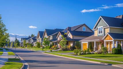 Naklejka premium Sunny suburban neighborhood with manicured lawns and modern houses
