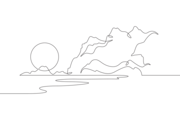 Dawn in the mountains. Lake, rocks, sea. Sunset against the backdrop of a mountain landscape. Sun silhouette. Lonely tree on a rock. One continuous line. Line art.Minimalism one line. White background
