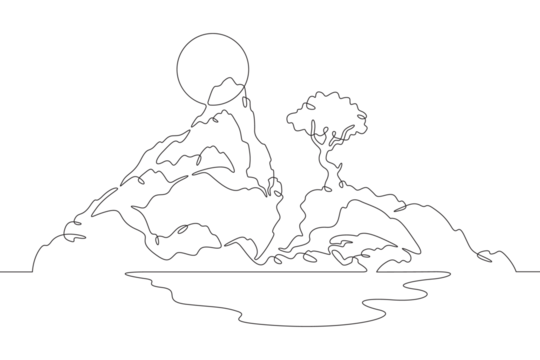 Dawn in the mountains. Lake, rocks, sea. Sunset against the backdrop of a mountain landscape. Sun silhouette. Lonely tree on a rock. One continuous line. Line art.Minimalism one line. White background