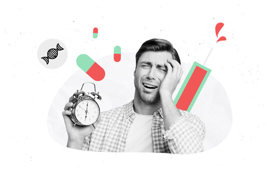 Creative picture collage clock alarm bell illness headache time antibiotics dna sickness treatment prescription pill drawing background