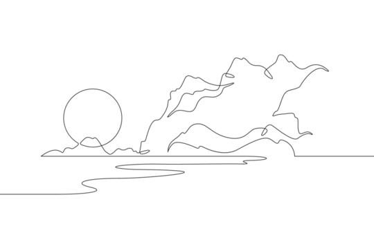 Dawn in the mountains. Lake, rocks, sea. Sunset against the backdrop of a mountain landscape. Sun silhouette. Lonely tree on a rock. One continuous line. Line art.Minimalism one line. White background