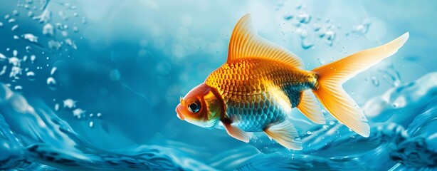 Goldfish Wearing Shark Fin Swimming in Blue Water on White Background