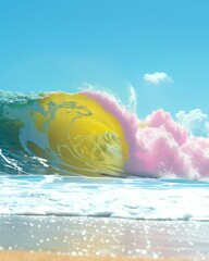 A painting depicting a vibrant yellow and pink wave crashing in the ocean, capturing movement and energy.