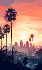 Los Angeles golden hour cityscape over downtown skyscrapers.