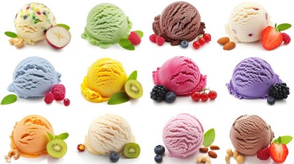 ice cream balls in waffle cones with ice cream ingredients - fruits, berries and sweets. Isolated on a white background,Ice cream in waffle cones with berries and mint.