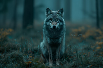 Wolf in Mystical Forest at Dusk. A wolf sits in a mystical forest, surrounded by soft, bluish light at dusk.