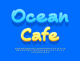 Vector bright flyer Ocean Cafe. Sunny Yellow Font. Handwritten Alphabet Letters and Numbers set.