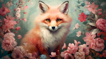 Obraz premium happy cutered fox in flower blossom atmosphere golden pastel colorful oil paint abstract art