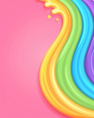 Rainbow colored stripes fill the background with a prominent pink band at the center.