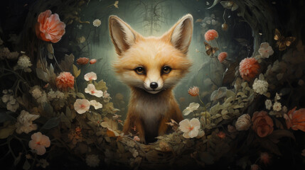 Obraz premium happy cutered fox in flower blossom atmosphere golden pastel colorful oil paint abstract art