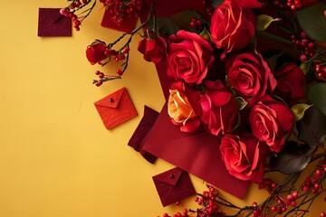 Oodoo red envelopes, bouquet of red roses and chinese red envelopes on a yellow background