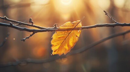 Golden autumn leaf on a branch for nature themed designs