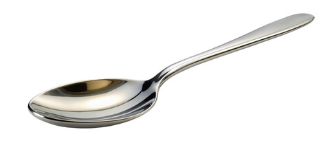 a single silver spoon resting on a transparent background