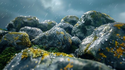 Top of the line CG, surreal photography.Stones covered in thick moss with rain droplets. beautiful, romantic, and beautiful lighting. Blue sky, ultra-high definition, front view, Nikon photography,