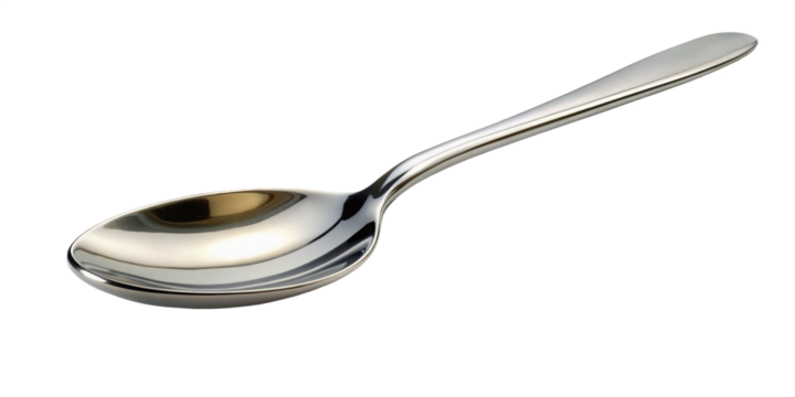 a single silver spoon resting on a transparent background