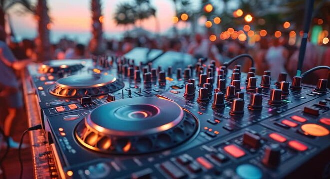 A close-up of a DJ's mixing table, dancing crowd behind