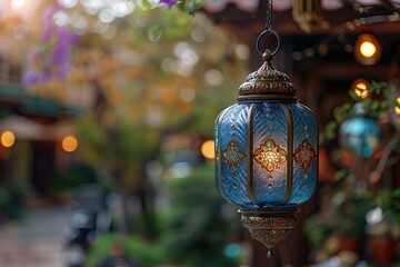 Digital image of  blue colored glass lantern hanging on a window