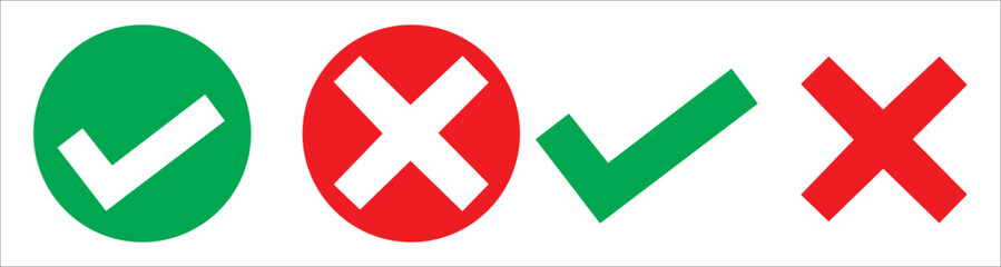 Obraz premium Green check mark, red cross mark icon set. Isolated checklist signs, approval badge. Vector illustration.