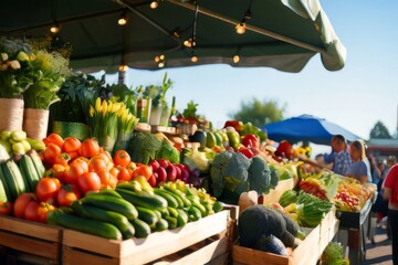 Fototapeta premium Active farmers market with an array of fresh produce under the bright sun.