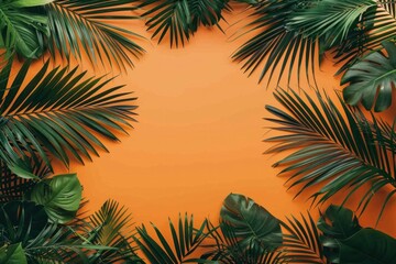 Tropical palm leaves on orange background with copy space for text, flat lay top view travel and relaxation concept
