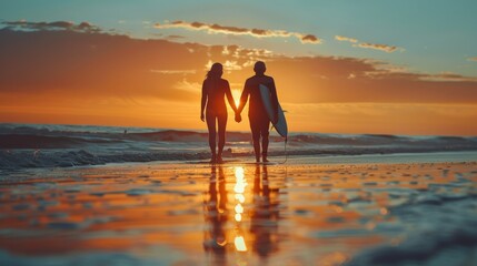 Fototapeta premium A couple is walking on the beach holding hands